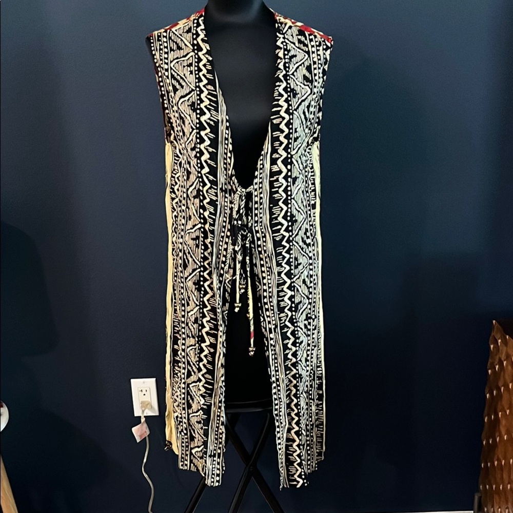 Vintage 90s Casual Corner tie front long tunic vest coverup multi-print sz S